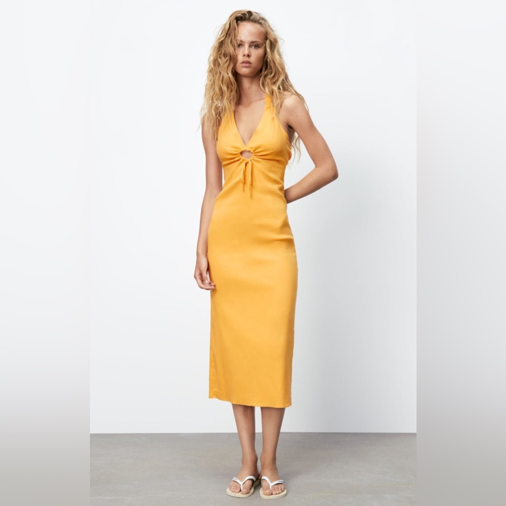 Zara orange linen halter dress